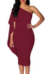 Burgundy Batwing Sleeve One Shoulder Sheath Dress